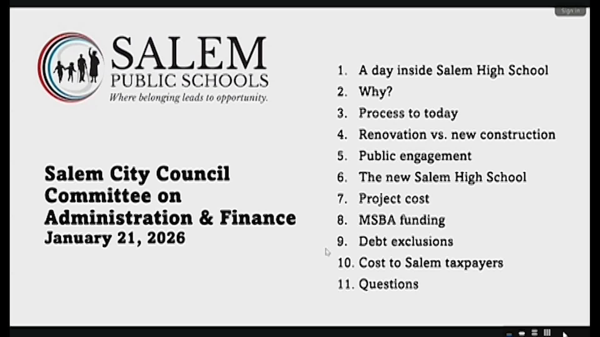 Salem City Council Committee on Administration and Finance Meeting 1/21/26